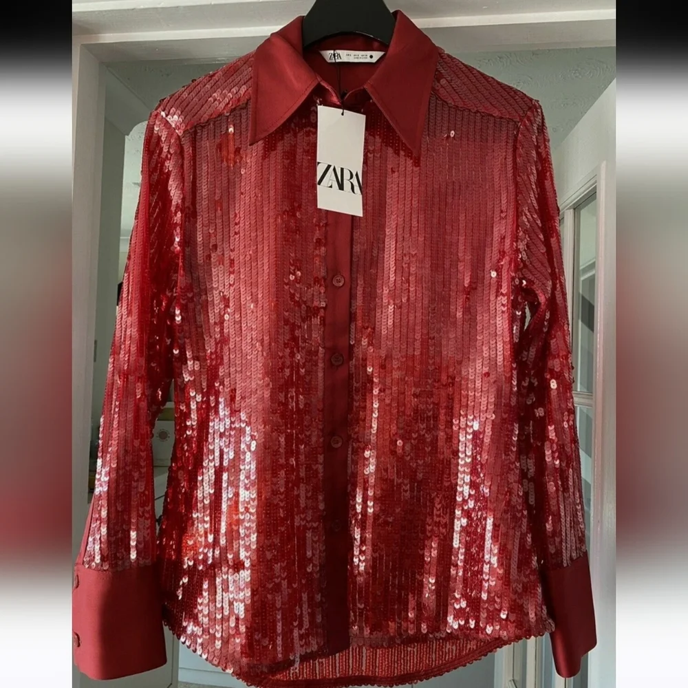 Zara Sequin Red Shirt Size S NWT
